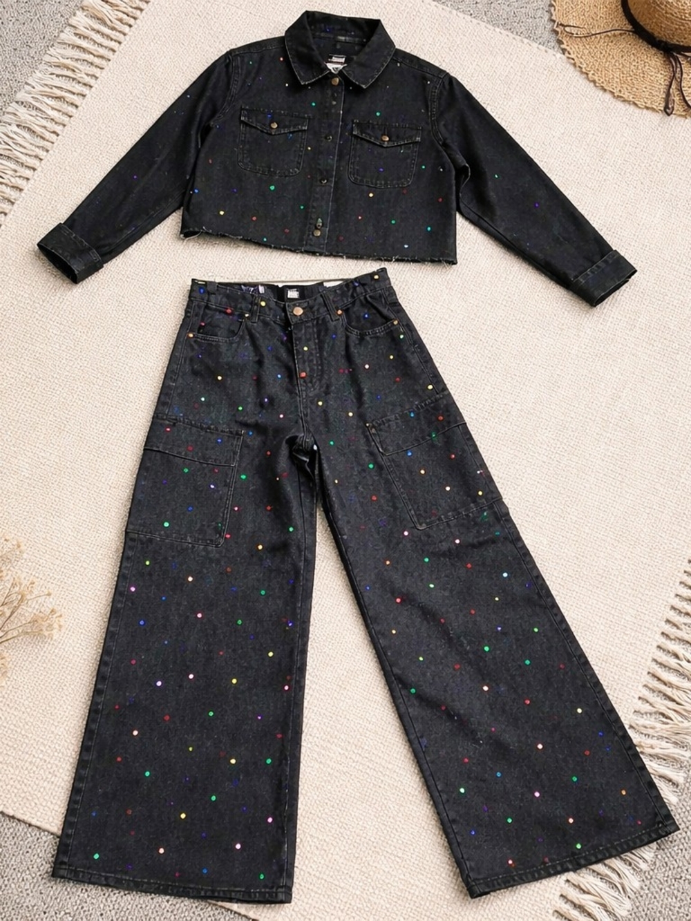 Black Cropped Denim Jacket & Wide Leg Jeans Set with Multicolor Polka Dots